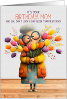 Mom&rsquo;s Birthday Cute Old Woman with a Bouquet of Tulips card
