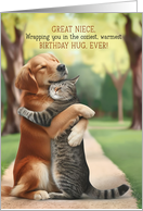 Great Niece Birthday Hugs Cute Dog and Cat Hugging in a Park card