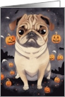Dog Halloween Pug in Field of Jack O Lanterns card