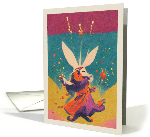 Congratulations Rainbow Rabbit with Sparklers and Fireworks card