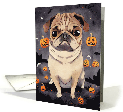 Dog Halloween Pug in Field of Jack O Lanterns card (1743912)