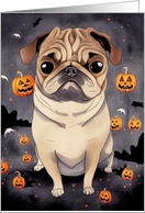 Dog Halloween Pug in Field of Jack O Lanterns card