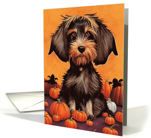 Dog Halloween with Wirehaired Dachshund in Pumpkin Patch card