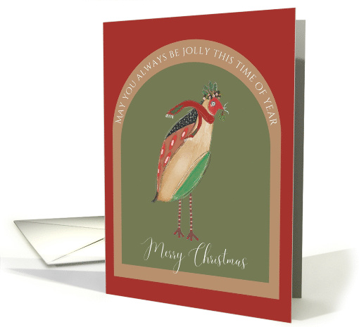 Merry Christmas Jolly Whimsical Bird Green Red Christmas Branch card