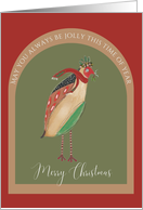 Merry Christmas Jolly Whimsical Bird Green Red Christmas Branch card