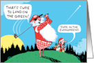 Funny Christmas Cartoon of Santa and Elf Hitting a Golf Ball card