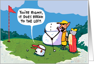 Funny Christmas Cartoon of Snowman & Elf Caddy on Golf Green card