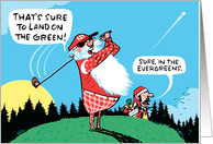 Funny Christmas Cartoon of Santa and Elf Hitting a Golf Ball card