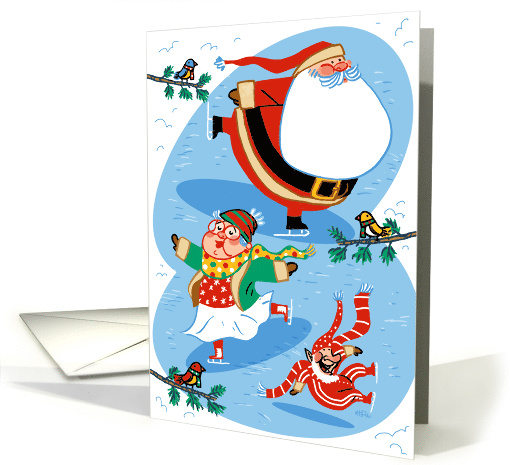 Funny Christmas Scene of Santa and Mrs. Claus Skating on a Pond card