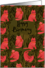 Pink Cats in Garden Foliage Birthday card