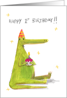Crocodile Holding Cake First Birthday Celebration card