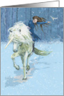 Christmas Magic Riding a Unicorn in the Snowy Woods card