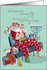 Christmas and Hanukkah Celebration for Girl with Gifts and Cookies card