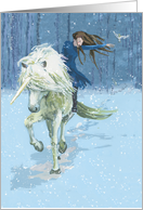 Christmas Magic Riding a Unicorn in the Snowy Woods card