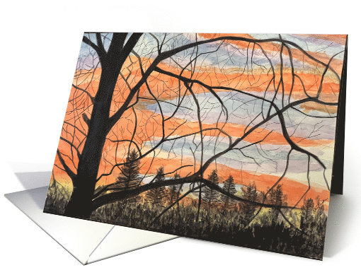 Watercolor for Nature Lover with Autumn Sunset behind Tree Branch card