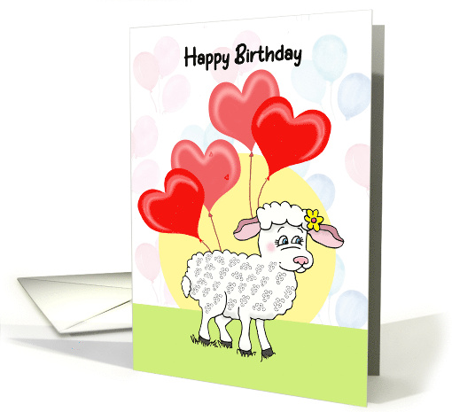 Happy Birthday Red Heart Balloons cute lamb card (1773988)