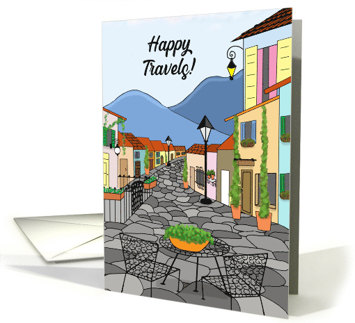 Bon Voyage Happy Travels Cobblestone Village Town Street card