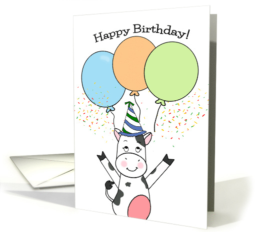 Happy Birthday cute cow with balloons and confetti card (1777054)