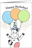 Happy Birthday cute cow with balloons and confetti card