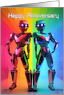 A Robot Couple Stand Shoulder to Shoulder Drenched in Rainbow Colors card