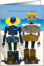 Happy Anniversary for Couple with Cute Robot Couple on a Beach card