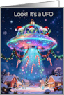 An Unidentified Festive Object UFO Flies Over a Small Town Cartoon card