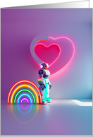 Gay Robot Guarding Neon Heart and Rainbow for Valentine’s Day card