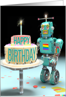 for Anyone Gay Birthday Robot Standing with Oversized Birthday Cake card