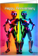 A Robot Couple Stand Shoulder to Shoulder Drenched in Rainbow Colors card