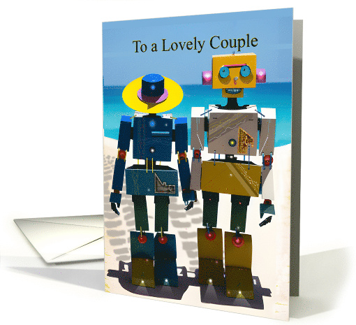 Happy Anniversary for Couple with Cute Robot Couple on a Beach card