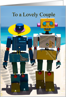 Happy Anniversary for Couple with Cute Robot Couple on a Beach card