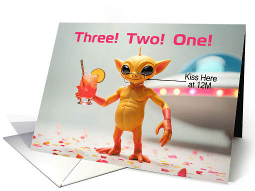 Cute Yellow Alien Celebrating New Year's Eve Waiting to be Kissed card