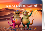 Two Jolly Aliens and a Flying Saucer Cosmic with a New Year’s Greeting card
