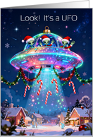 An Unidentified Festive Object UFO Flies Over a Small Town Cartoon card