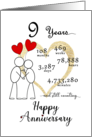 9th Wedding Anniversary Stick Figures and Red Hearts card