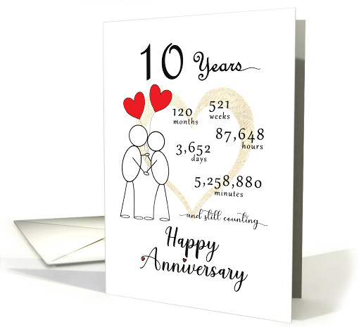 10th Wedding Anniversary Stick Figures and Red Hearts card (1769368)