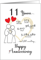 11th Wedding Anniversary Stick Figures and Red Hearts card