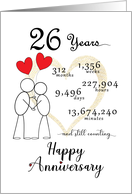 26th Wedding Anniversary Stick Figures and Red Hearts card