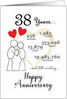 38th Wedding Anniversary Stick Figures and Red Hearts card