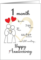 1 month Anniversary Stick Figures and Red Hearts card