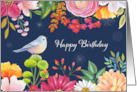 Birthday with Pretty Colorful Garden Flowers and Sweet Bird card