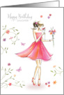 Birthday Daughter in Pretty Dress Holding Flowers card