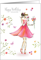 Birthday Daughter in Pretty Dress Holding Flowers card