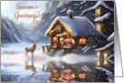 Seasons Greetings Our House to Yours Cute Cabin and Deer Snow card