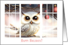 Happy Holidays Cute Snow Owl in the Window Hoot card
