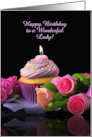 Birthday for Her Pretty Pink Roses and Cupcake Custom Text card