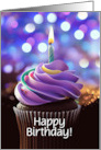 Birthday Cupcake with Candle and Purple Frosting Custom Text card