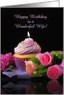 Wife Happy Birthday with Pink Cupcake and Roses Custom Cover card