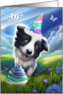 Happy 30th Birthday Cute Dog and Cupcake Party Hat and Butterfly card