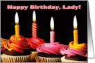 For Her Happy Birthday Lady with Festive Cupcakes and Candles card